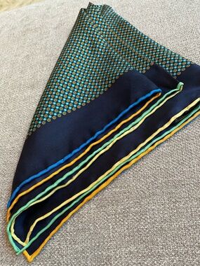 Dion Silk Men’s Blue Orange Yellow Green Circles Pocket Square Menswear Office